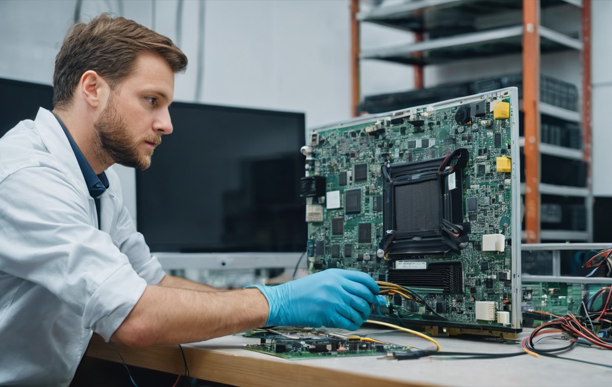 Techniker repariert einen Fernseher mit Streifen im Bild in der Fachwerkstatt